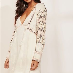 Free People Cream and Pink Embroidered Mini Dress